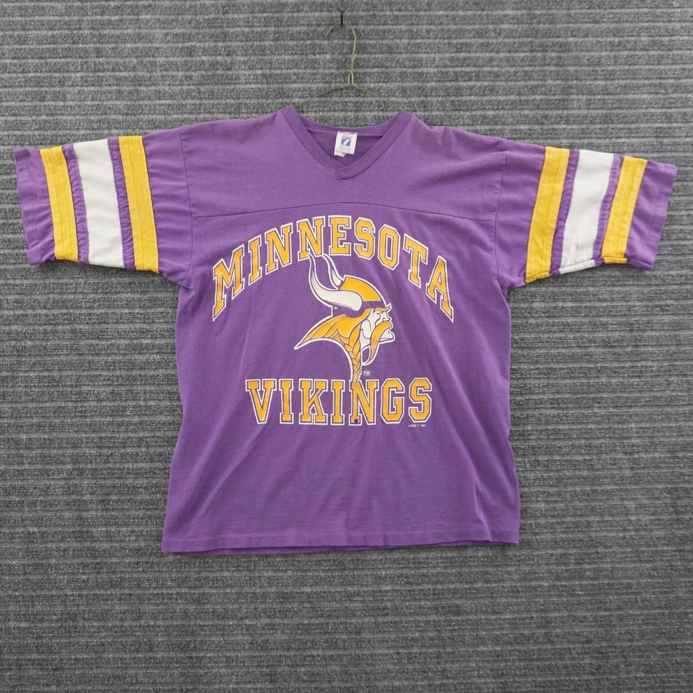 Vintage 90s Logo 7 Minnesota Vikings T-Shirt Mens XL Purple Striped Sleeve NFL